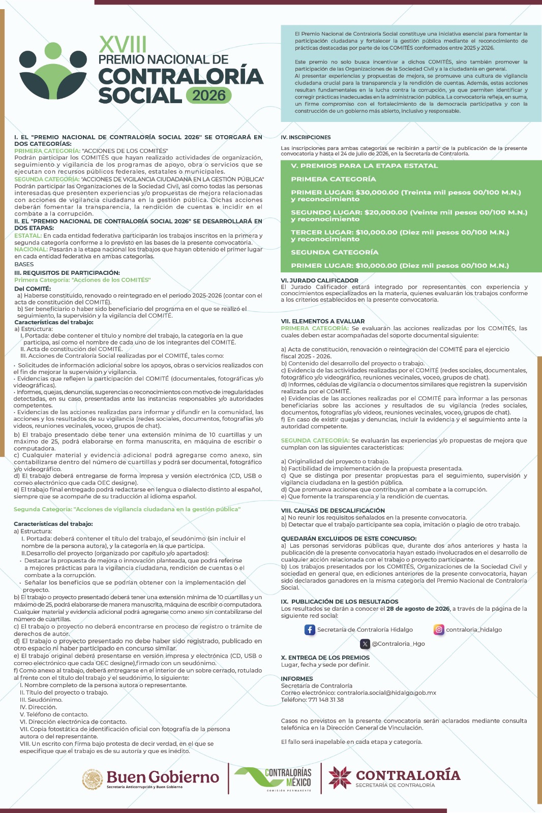 Abre Contraloría convocatoria para el Premio Nacional de Contraloría Social 2026 en Hidalgo