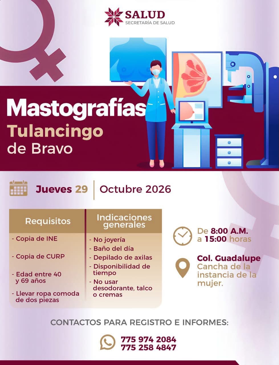 Tulancingo ofrecerá 50 mastografías gratuitas este 29 de octubre en el Polígono Guadalupe